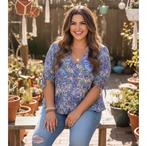 🌿Sweet Rain Women's 2XL Cotton Blue Purple Tan Puff Sleeve Floral Top - Picture 10 of 12